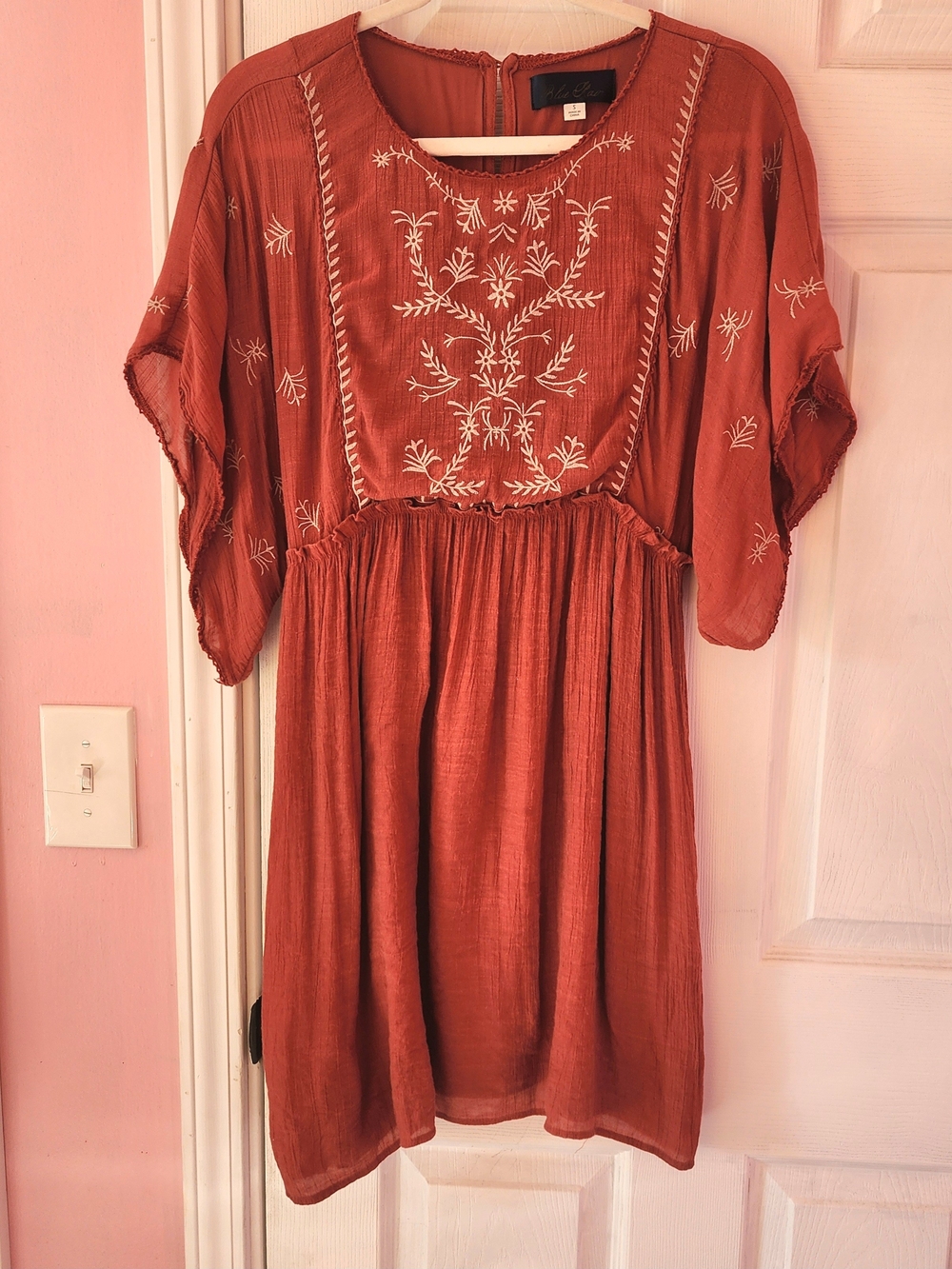 Blue Rain Rust Mini Dress with White Embroidery